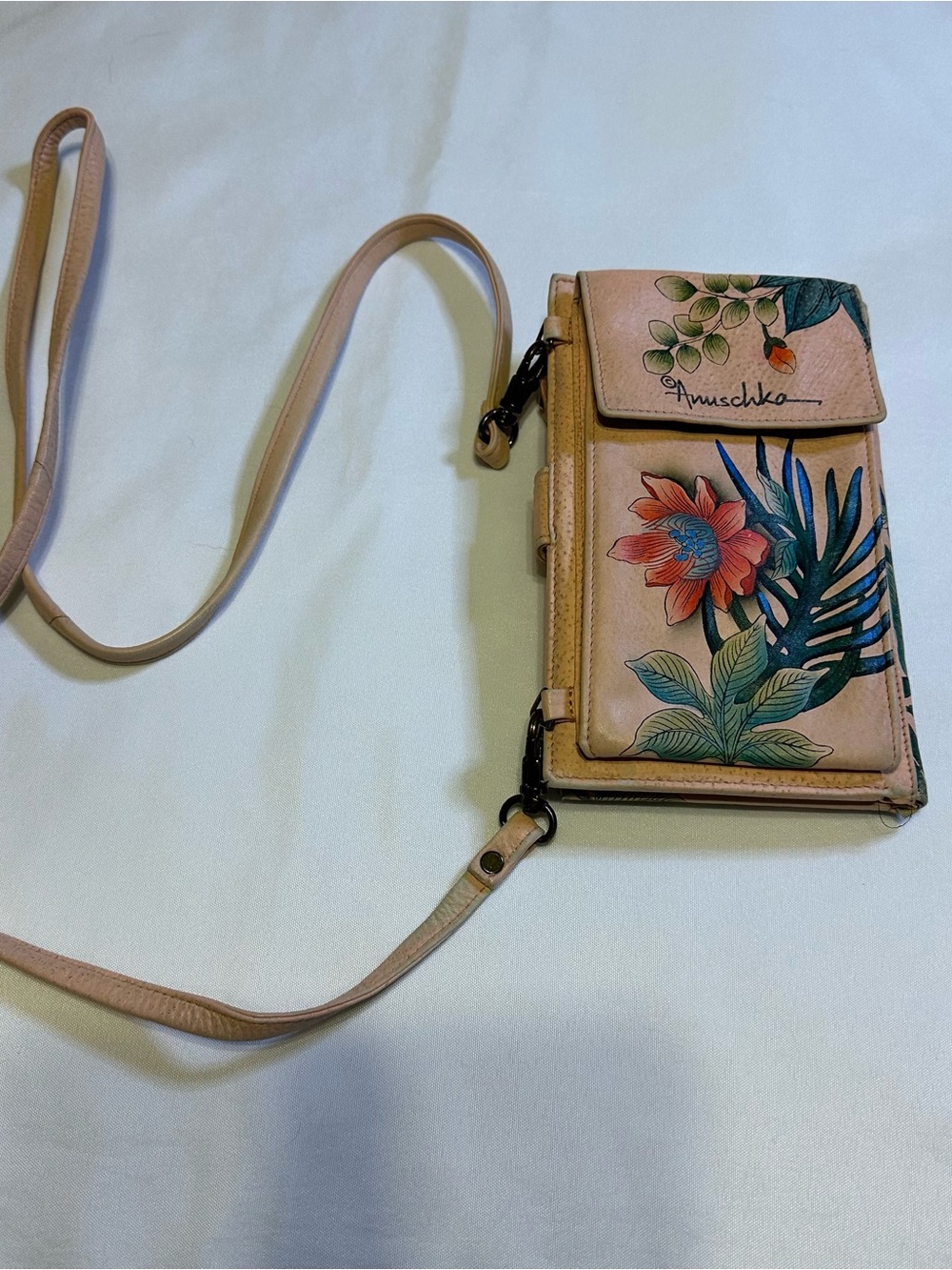 Anuschka Hand-Painted Floral Leather Crossbody - Blush and Green